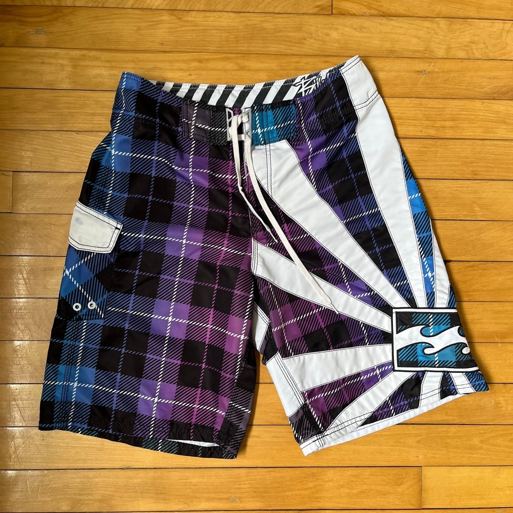 Billabong Mens Plaid Rising Sun Board Shorts Purple Blue Size 32